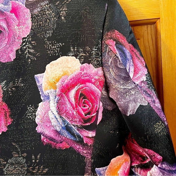 Womens Printed Floral Blazer Jacket Sz L Pink Purple Roses Formal Garden Party - Picture 7 of 11
